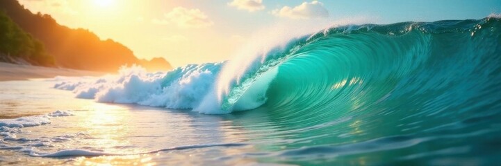 Sunlit curl of a turquoise wave, pristine beach, wave, bright wave