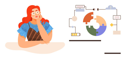 Fototapeta premium Thoughtful woman resting hand on face beside puzzle-thumbs up flowchart diagram with connectors and icons. Ideal for problem-solving, brainstorming, strategy, creativity, learning, analysis