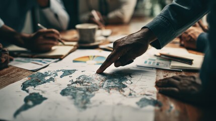 Business team analyzing global market trends during a meeting, pointing at a specific area on a world map surrounded by charts and graphs