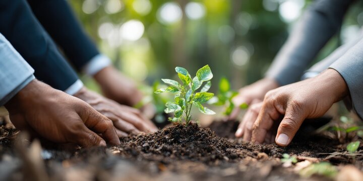 Businesspeople's hands carefully planting a young tree in rich soil, symbolizing growth, environmental responsibility, and sustainable business practices