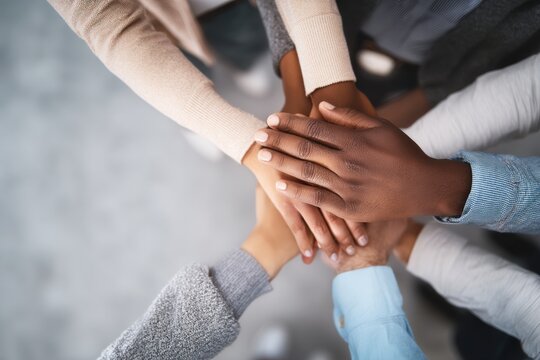 Coworkers joining hands in a huddle, representing their strong teamwork and collaboration, fostering unity and support among diverse colleagues