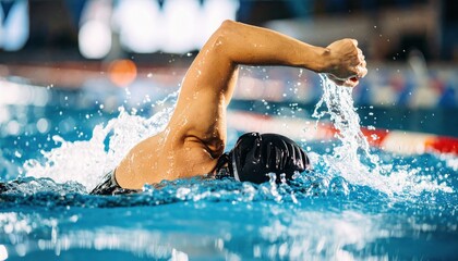 Swimmer in action during a competitive race, splashing water in an indoor pool setting