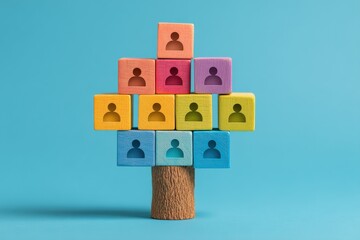 Obraz premium Colorful wooden cubes with human icons arranged as a pyramid on a tree trunk, symbolizing a social network, against a blue background
