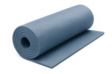 Close-up view of a rolled-up blue yoga mat resting on a transparent background, inviting moments of exercise and relaxation