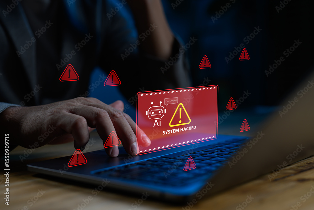 Poster AI assistant detects system breach and security threats with alert interface, ideal for illustrating cyberattack warning, AI monitoring and automated incident response systems. Cybersecurity with AI.