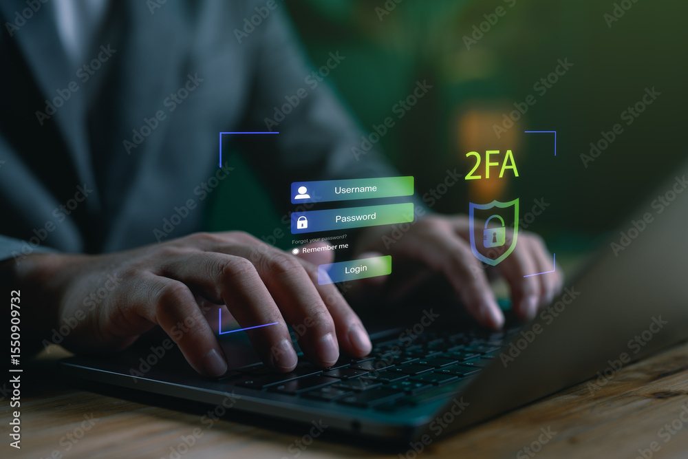 Poster Cybersecurity login interface with two-factor authentication (2FA), highlighting username, password and data protection, perfect for illustrating secure access and digital identity safety.