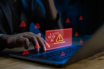 AI assistant detects system breach and security threats with alert interface, ideal for illustrating cyberattack warning, AI monitoring and automated incident response systems. Cybersecurity with AI.