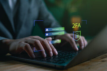 Cybersecurity login interface with two-factor authentication (2FA), highlighting username, password and data protection, perfect for illustrating secure access and digital identity safety.