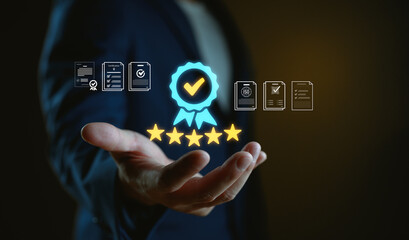 Quality assurance and certification concept showing five-star service, compliance documents, and verified standards, perfect for branding, trust building, and product credibility. Top of service.
