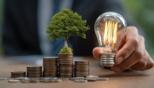 Businessman showing increasing stacks of coins with a tree growing on top and holding a lightbulb, representing energy saving and financial growth