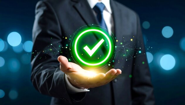 Businessman Holding Glowing Check Mark. - Powered by Adobe