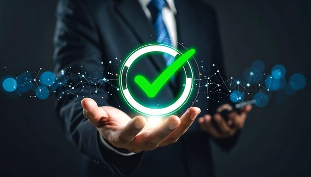 Businessman with green check mark symbol.