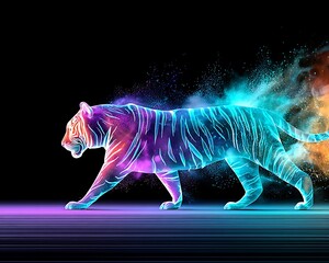 Fototapeta premium Tiger in vibrant neon colors on dark background