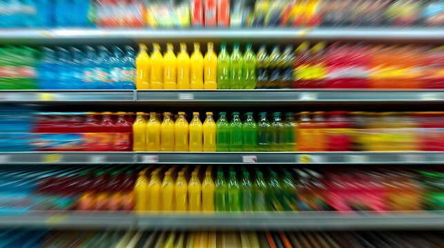 Grocery Store Shelf Displaying Assorted Fruit Juices and Beverages in Plastic Bottles, Blurred