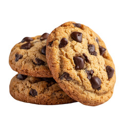 Three chocolate chip cookies stacked , snack homemade
