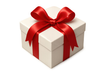 Closed white gift box tied with shiny red ribbon on transparent background, perfect for celebrations and special occasions