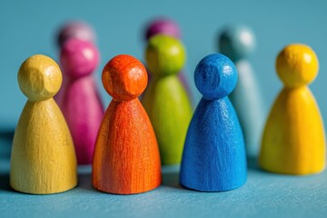 Colorful wooden pawns symbolize a diverse team or customer base, promoting concepts of inclusion, community, and teamwork in a business setting