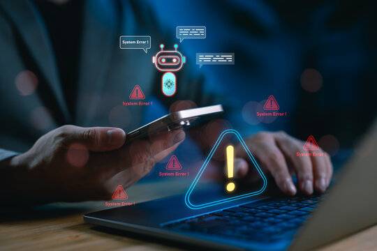 AI system error detection concept with chatbot alert symbols, highlighting machine learning technology for identifying issues, bugs and failures in digital or software systems.