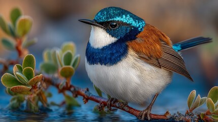 Stunning Blue Wren Perched on Branch Near Water