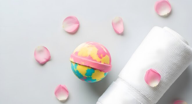 Bath Bomb Bliss: Luxurious Relaxation with Rose Petals, Aromatic Escape, Spa Retreat, Pampering Time, Self-Care Moments, Peaceful Indulgence - Powered by Adobe