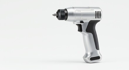 Silver and black power drill on white background