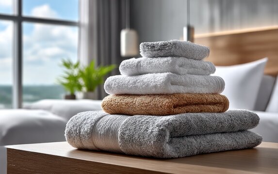 Stacked towels on a table overlooking a city