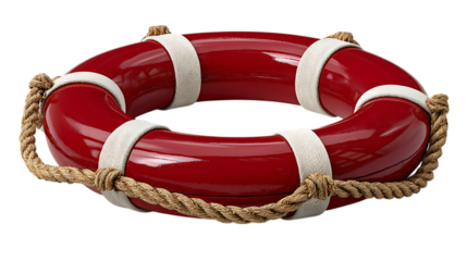 Shiny red life preserver ring with thick rope and white straps isolated on transparent background