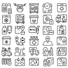 A comprehensive collection of modern, minimalist outline medical icons, embodying digital technology, supply chain, and health. Featuring symbols of medical supply and medicine.