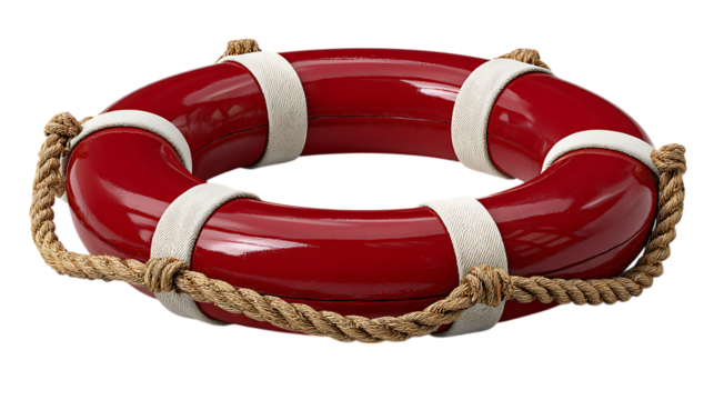 Shiny red life preserver ring with thick rope and white straps isolated on transparent background