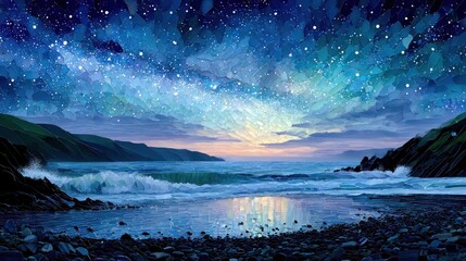 Starry night coastal scene