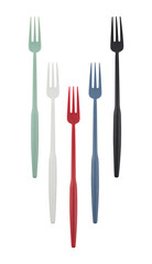 Three-pronged fork with a variety of colors of plastic handles cut out isolated transparent background