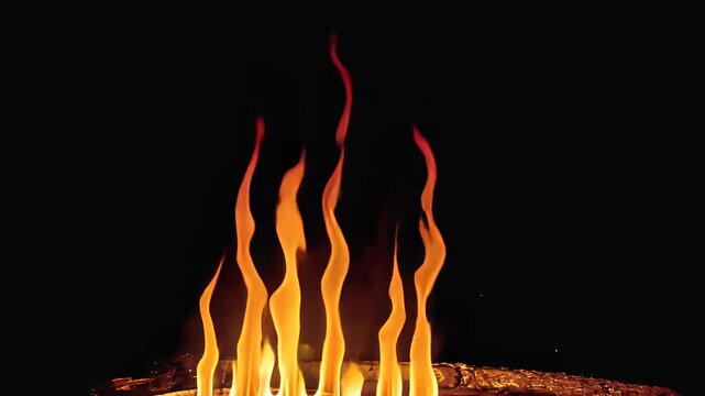 Burning flames on wood logs in a dark background showcasing fire elements with embers