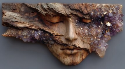 Amethyst and Wood Sculpture: A Serene Face Emerging from Nature
