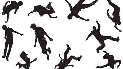 set of falling people silhouettes. vector silhouettes of people falling from a great height. falling female silhouette