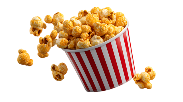 A bucket overflowing with golden caramel popcorn some pieces scattered around isolated on transparent background