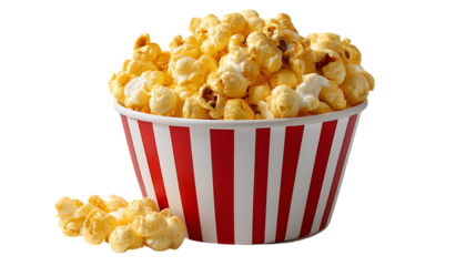 Classic red and white striped popcorn bucket overflowing with delicious golden popcorn isolated on transparent background