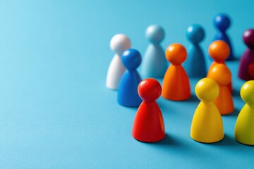 Obraz premium Colorful pawns on a blue background representing diversity, teamwork, and human resources in business and marketing