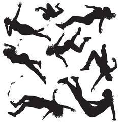 set of falling people silhouettes. vector silhouettes of people falling from a great height. falling female silhouette