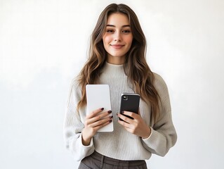 Fototapeta premium Young woman holding a tablet and a smartphone against a plain background