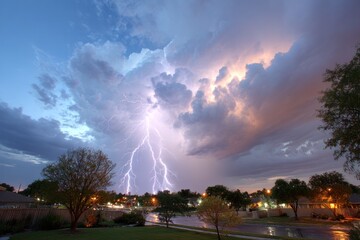 Stormy sunset over a residential area