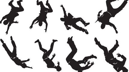 set of falling people silhouettes. vector silhouettes of people falling from a great height. falling female silhouette