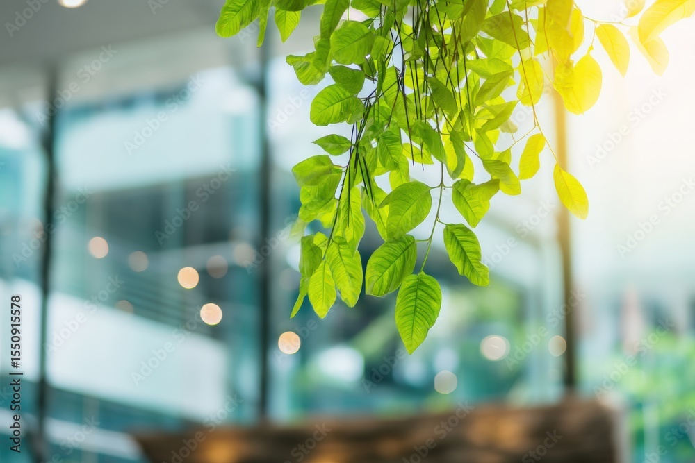 Poster sunlight illuminates green leaves hanging in front of a blurred modern office building interior with