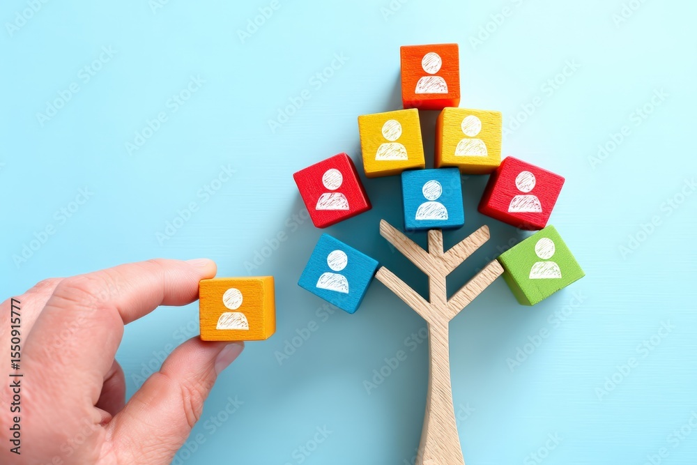 Poster Colorful wooden cubes with person icons arranged on a tree symbolize social networking, with a hand adding another cube
