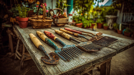 Vintage gardening tools on a wooden table, a timeless tribute to rustic simplicity and the art of cultivation.