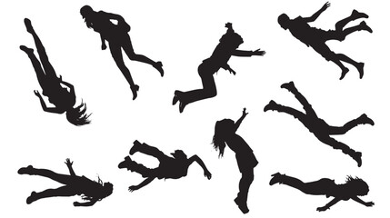 set of falling people silhouettes. vector silhouettes of people falling from a great height. falling female silhouette