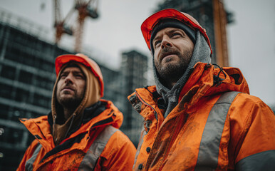 Two construction workers in orange jackets stand confidently at construction site, showcasing their dedication and teamwork