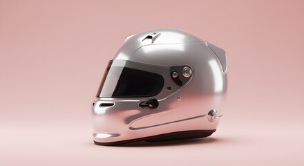 Fototapeta premium Silver Racing Helmet on Pink Background