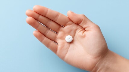 Vitamin and Supplements, medicine pills. Hand holding a single white pill against a blue background.