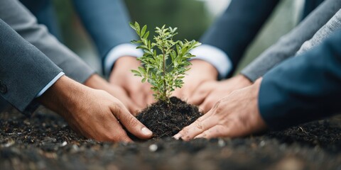 Businesspeople's hands holding and planting young tree into soil, showing sustainability concept