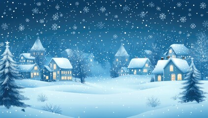 A serene winter village scene under a starry night